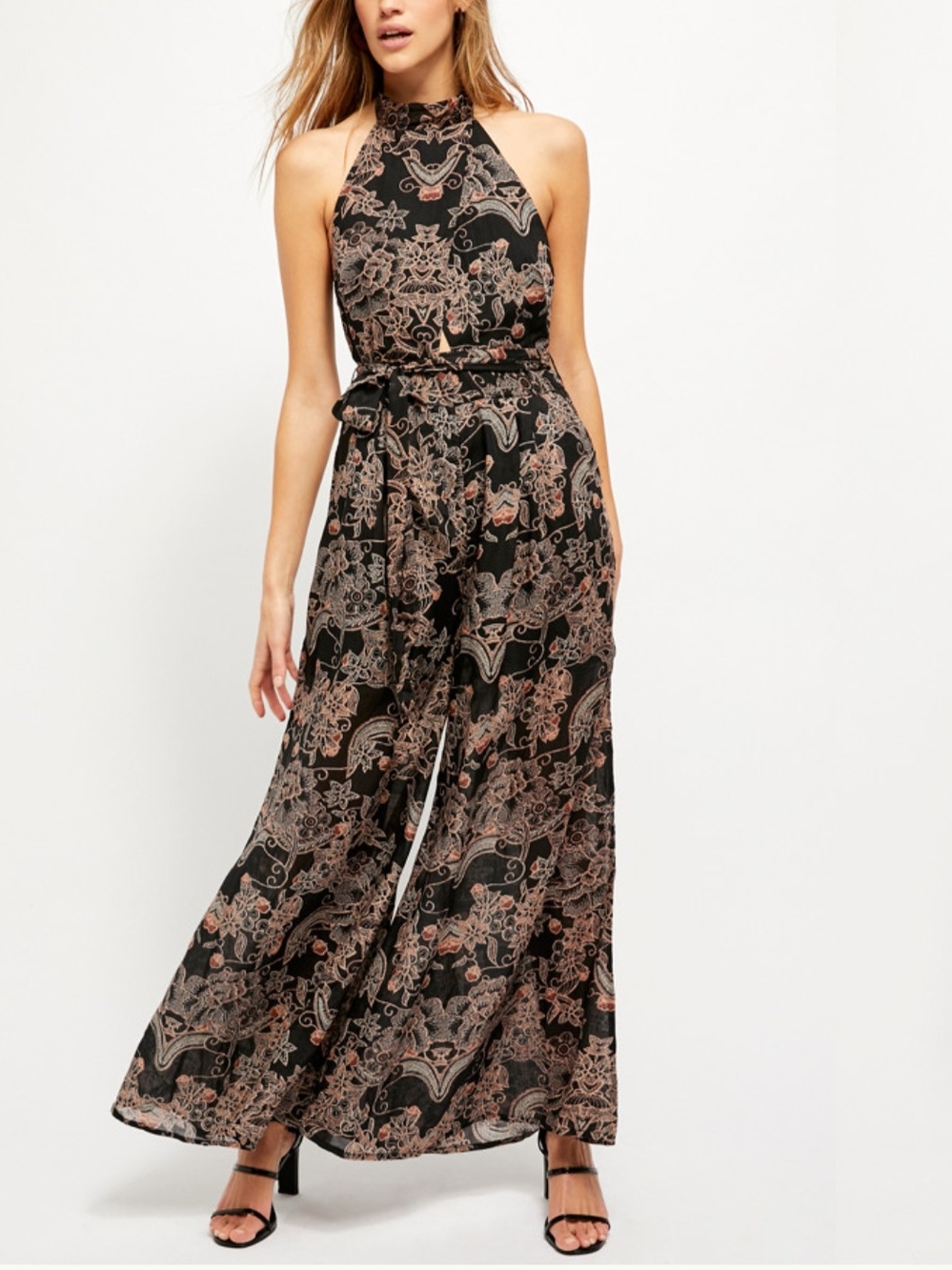 Free People Navy Floral/Paisley Halter Wide Leg Jumpsuit Size Small